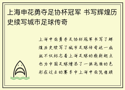 上海申花勇夺足协杯冠军 书写辉煌历史续写城市足球传奇 上海申花勇夺足协杯冠军 书写辉煌历史续写城市足球传奇