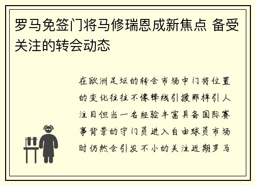 罗马免签门将马修瑞恩成新焦点 备受关注的转会动态 罗马免签门将马修瑞恩成新焦点 备受关注的转会动态